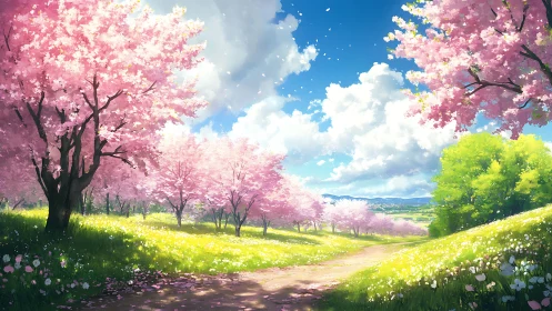 Cherry blossom trees bordering rural path under blue sky.