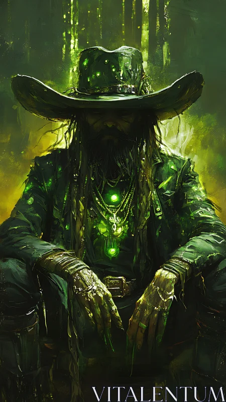 Neon witcher gunslinger broods under a radioactive dusk glow