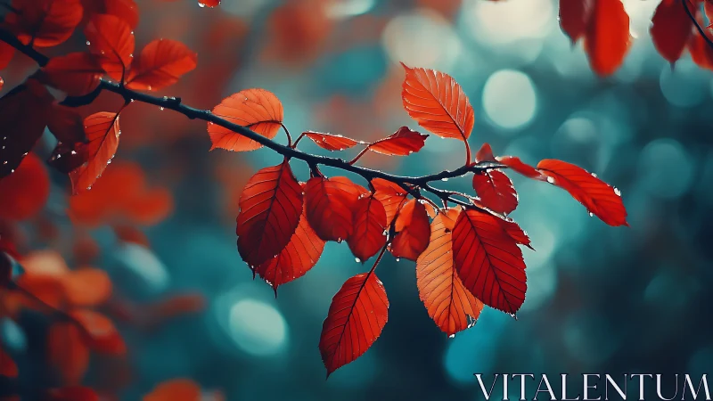 Scarlet leaves drifting through teal-tinted woodland hush.