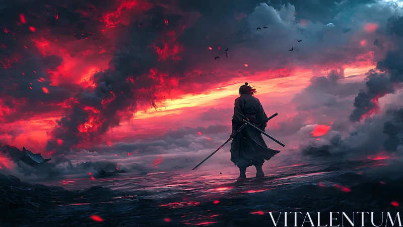 Lone samurai stands under red storm clouds at dusk.