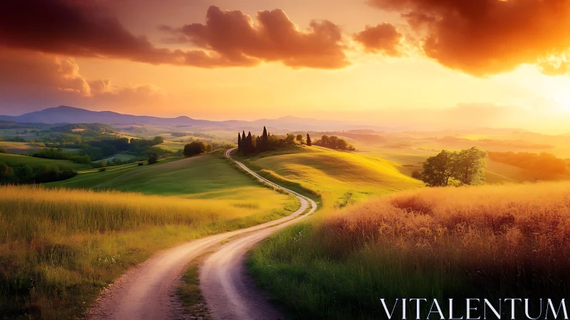 Curving dirt road crosses sunlit rolling hills under dramatic sky