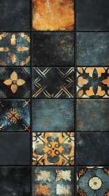 Rustic geometric wall tiles with distressed floral patterns.