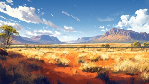Sunlit desert grassland before distant sculpted mesas.