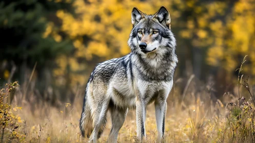 Autumn sentry wolf poised in golden forest hush.