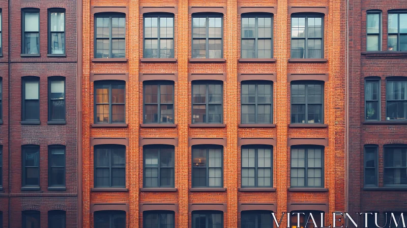 Symmetrical red brick facade with grid of urban windows.