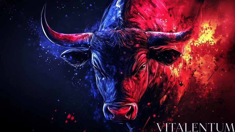 Digital bull portrait with split red and blue palette.