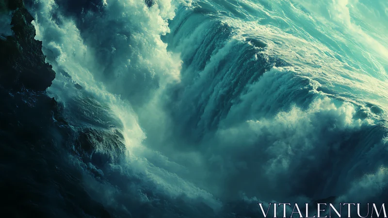 Large teal-toned ocean waves descend over a rocky drop