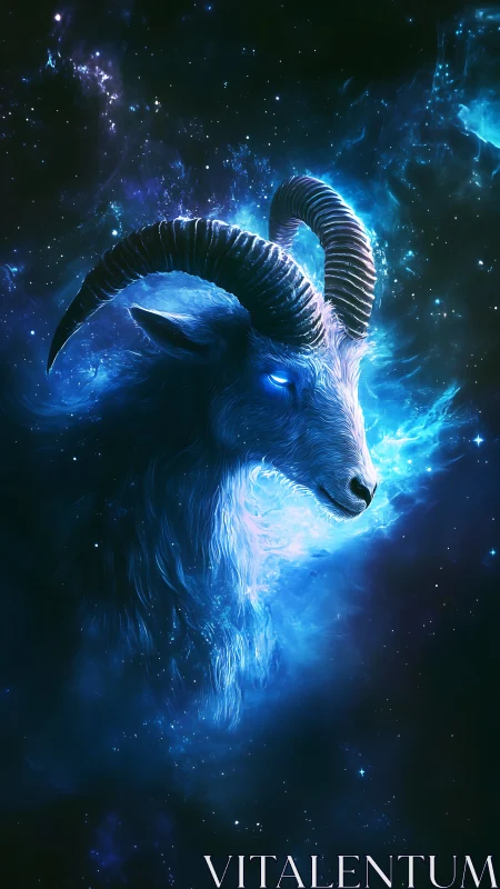 Celestial blue ram with glowing eyes in deep space.