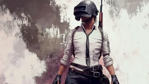 Tactical fighter in helmet over abstract textured backdrop.