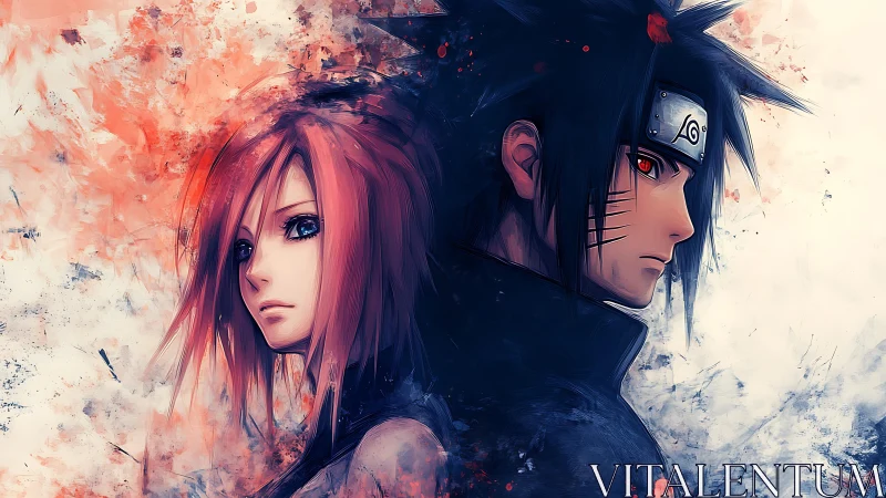 Striking anime duo stand back to back in swirling colors