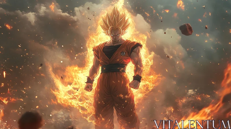 Fiery anime warrior ascends within explosive stormscape.