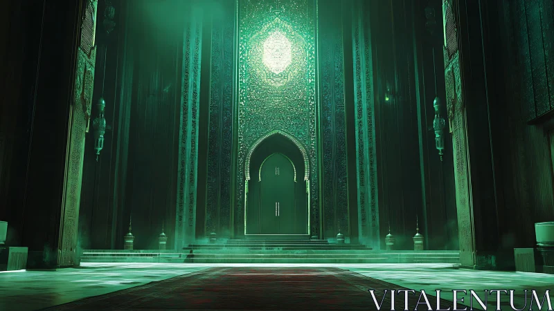 Grand green-lit hall shows tall archway and glowing mosaic