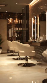 Luxurious salon interior with modern cream styling chairs.