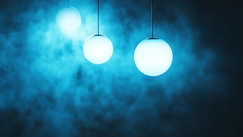 Glowing blue pendant orbs drift in atmospheric neon mist.