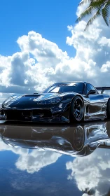 Glossy tuned sports coupe with high-reflection body on wet sand
