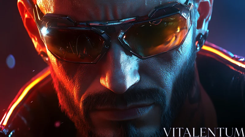 Cybernetic enforcer portrait uses hard rim lighting and metallic optics