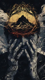 Engraved portrait fuses turbulent seascape and erupting mindscape