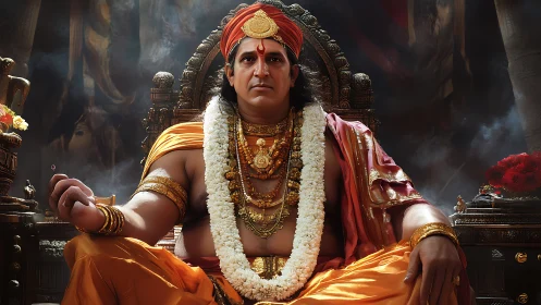 Royal Hindu monarch on ornate throne in temple court.