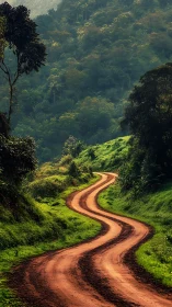 Photorealistic winding dirt road through lush tropical valley.