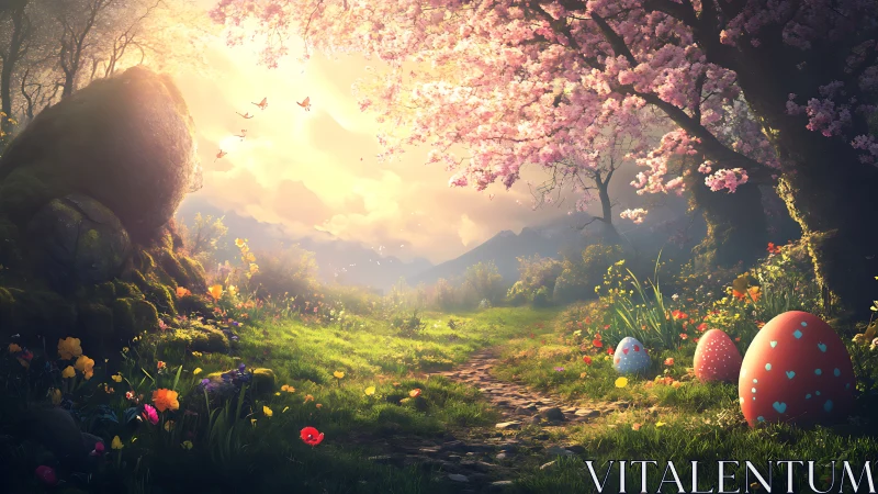 Whimsical spring path with secret heart-speckled eggs aglow.