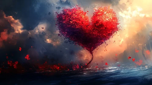Crimson Heart Blooms Against Celestial Tempest Skies