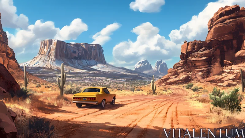 Sunny desert road trip with a classic yellow car cruising free.