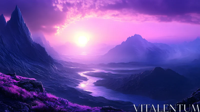 Iridescent alien valley unfolds under radiant violet sunrise