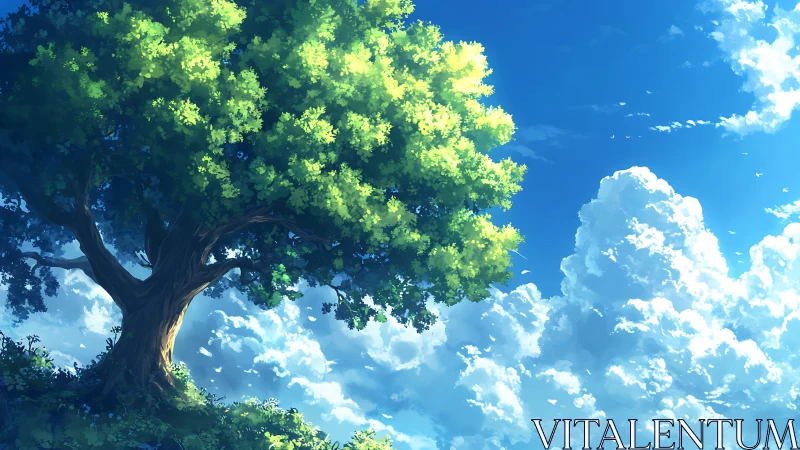 Majestic Tree Against Blue Sky in Vibrant Anime Art Style.