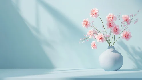 Pink Carnations in White Ceramic Vase Against Blue Wall
