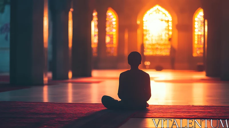 Quiet sunrise meditation in a glowing, sacred hall.