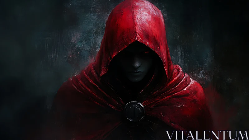 Brooding hooded figure in crimson cloak amid deep shadows.