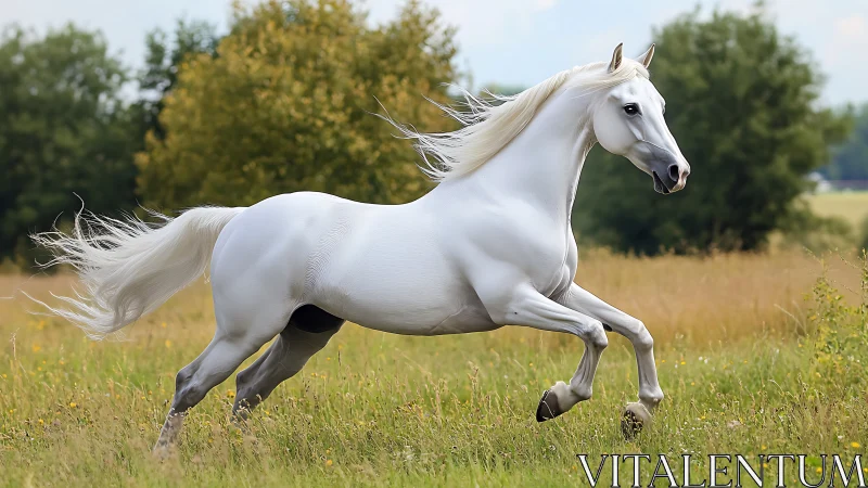 Galloping white horse in sunlit meadow landscape panorama.