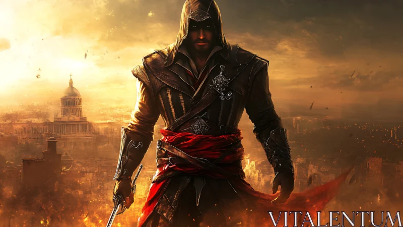 Hooded duskblade strides through a burning empire skyline.