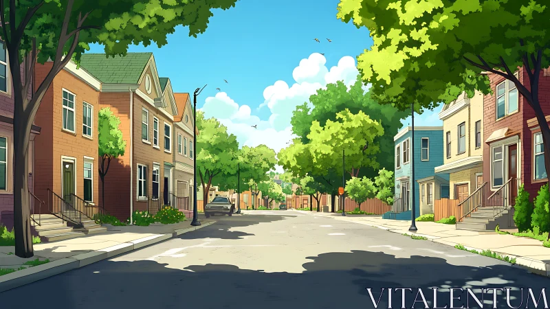 Digital painting of sunlit suburban street perspective study.