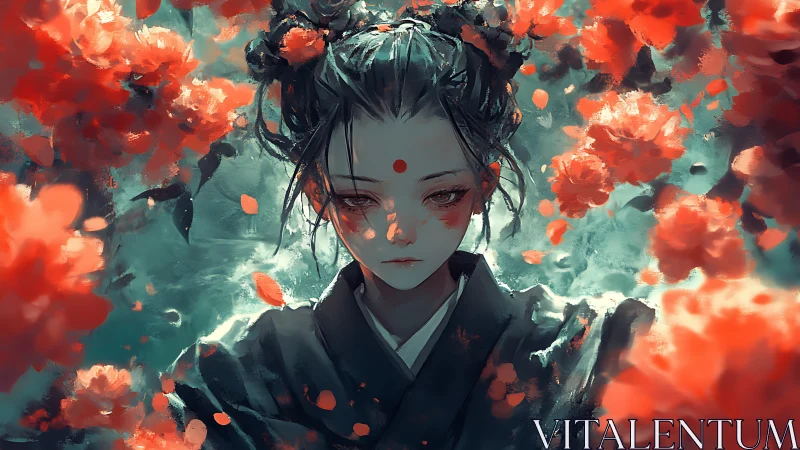 Digital portrait shows girl amid red blossoms and teal haze