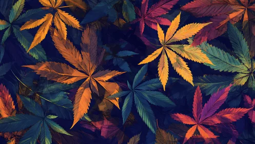 Vibrant overlapping autumn leaves in deep indigo field.