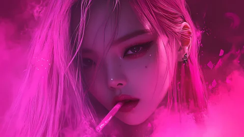 Neon lit cyber girl stares through pink smoke with cool defiance