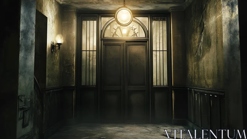 Dimly lit vintage hallway frames a mysterious locked door.