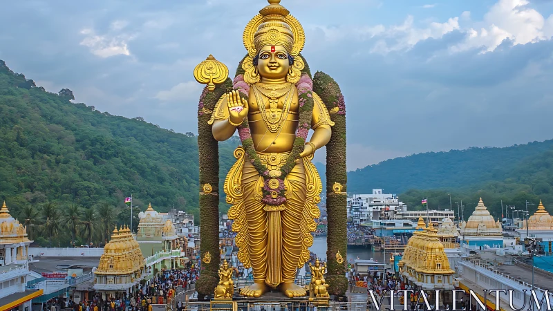 Golden Hindu deity statue towers over crowded hill temple