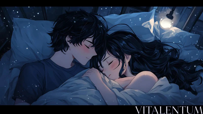 Two figures sleeping peacefully under starlit canopy.