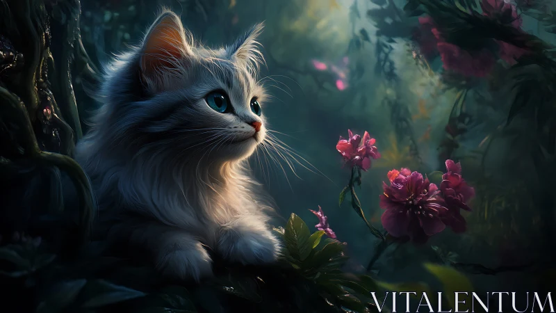 Meet the Enchanted Garden Kitten Admiring Blooming Roses