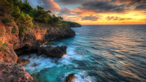 Clifftop pines above turquoise surf at glowing sunset.