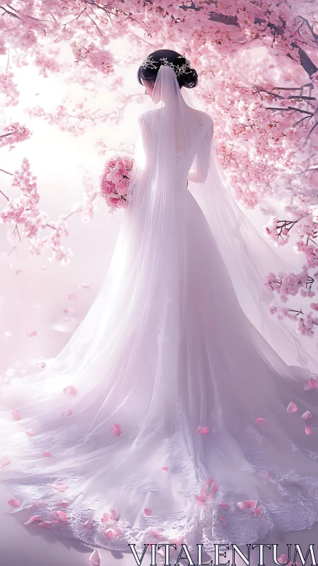 Blossom-kissed bride drifting through a veil of spring light.