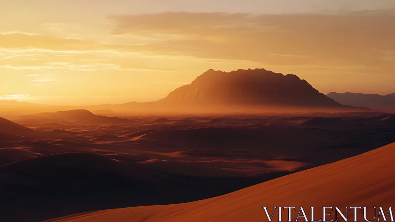 Desert dunes under glowing sunset sky with distant mountain ridge.