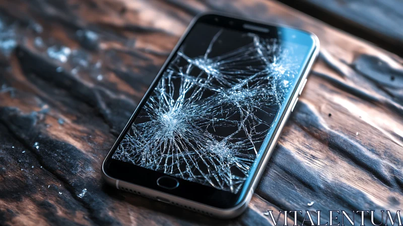Smartphone with severely cracked screen on wooden surface.