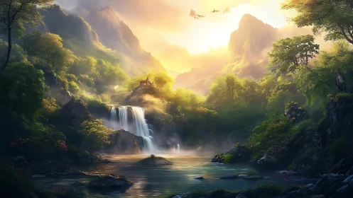 Fantasy waterfall valley with luminous atmospheric depth.