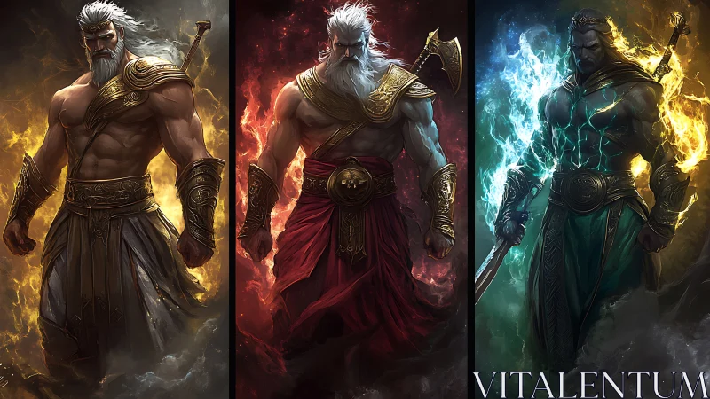 Elemental warrior triptych with fiery, storm and arcane power.
