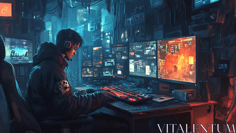 Midnight coder explores a neon-lit cyber control hub