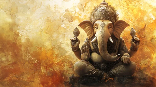 Elephant headed deity seated in ornate golden setting.