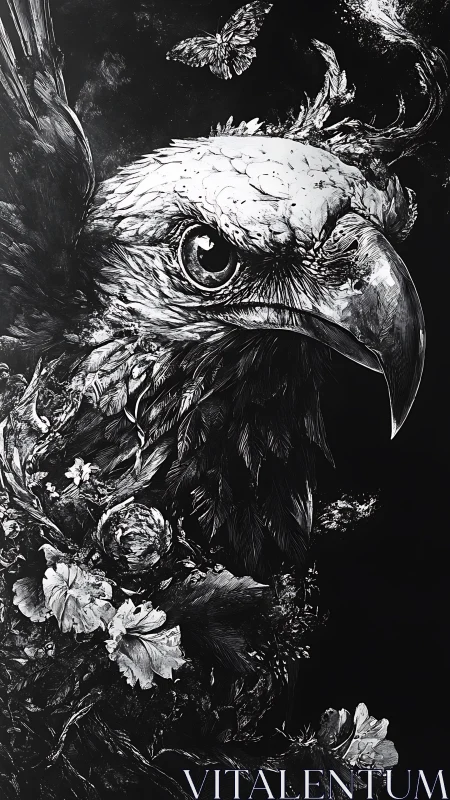 Monochrome raptor portrait with floral and lepidopteran motifs.